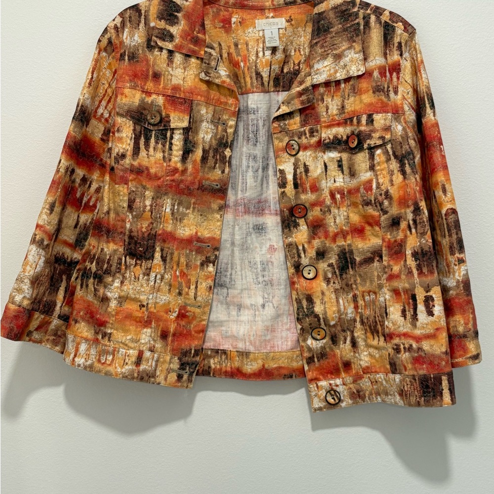 Chico's Orange and Brown Blazer with Artistic Pattern